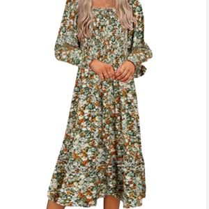 Women's Long Sleeve Floral Vintage Print Casual Ruffle Midi Boho Dress Size M
